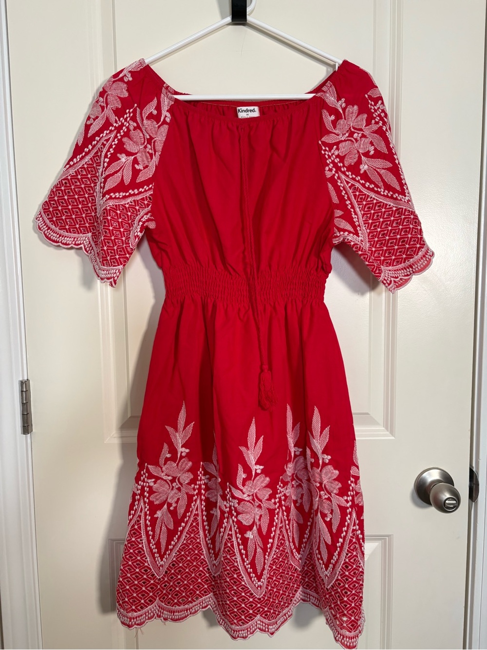 Kindred Off-Shoulder Red Embroidered Midi Dress